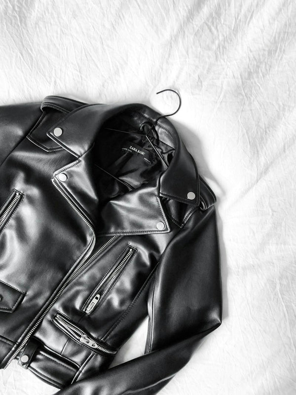 Elastic-Waist Wide-Collar Leather Jacket